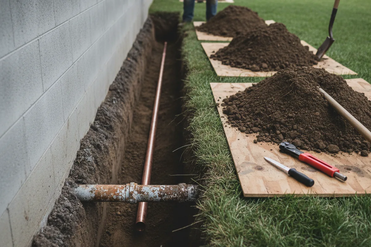 Excavated water line trench during Water Heater Repair in Millington